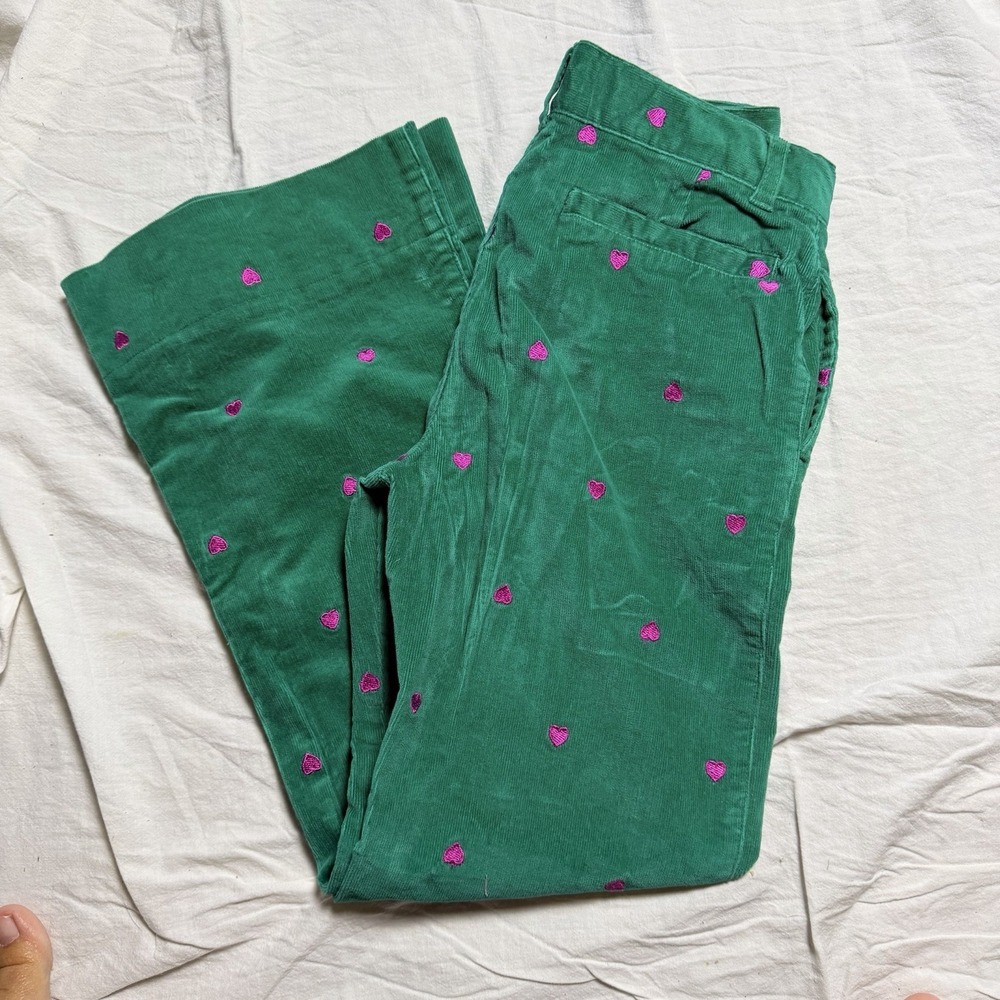 Hartstrings Girls Corduroy Pants Green Pink Hearts Size 10 Vintage Embroidery